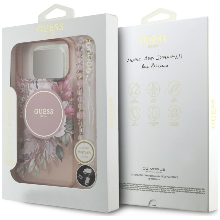 Etui Guess IML Flowers Pearl Strap MagSafe do iPhone 18 Pro Max / 17 Pro Max różowy