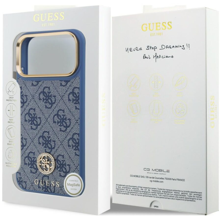 Etui Guess 4G Strass Logo MagSafe do iPhone 18 Pro Max / 17 Pro Max niebieski
