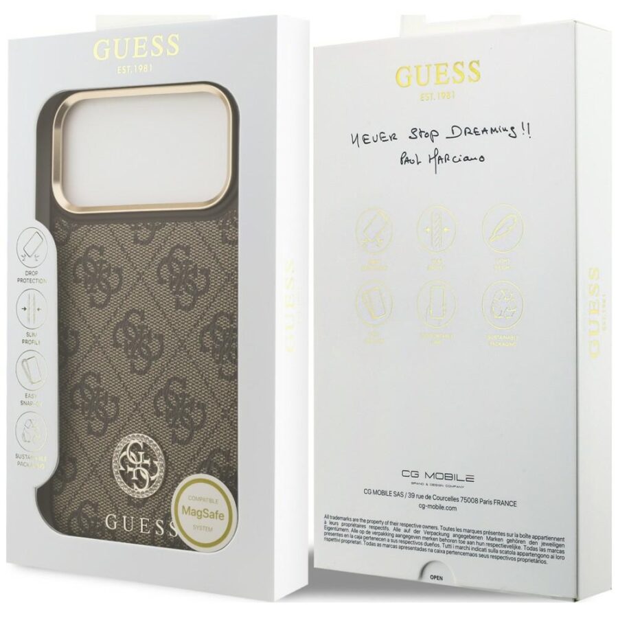 Etui Guess 4G Strass Logo MagSafe do iPhone 18 Pro Max / 17 Pro Max brązowy