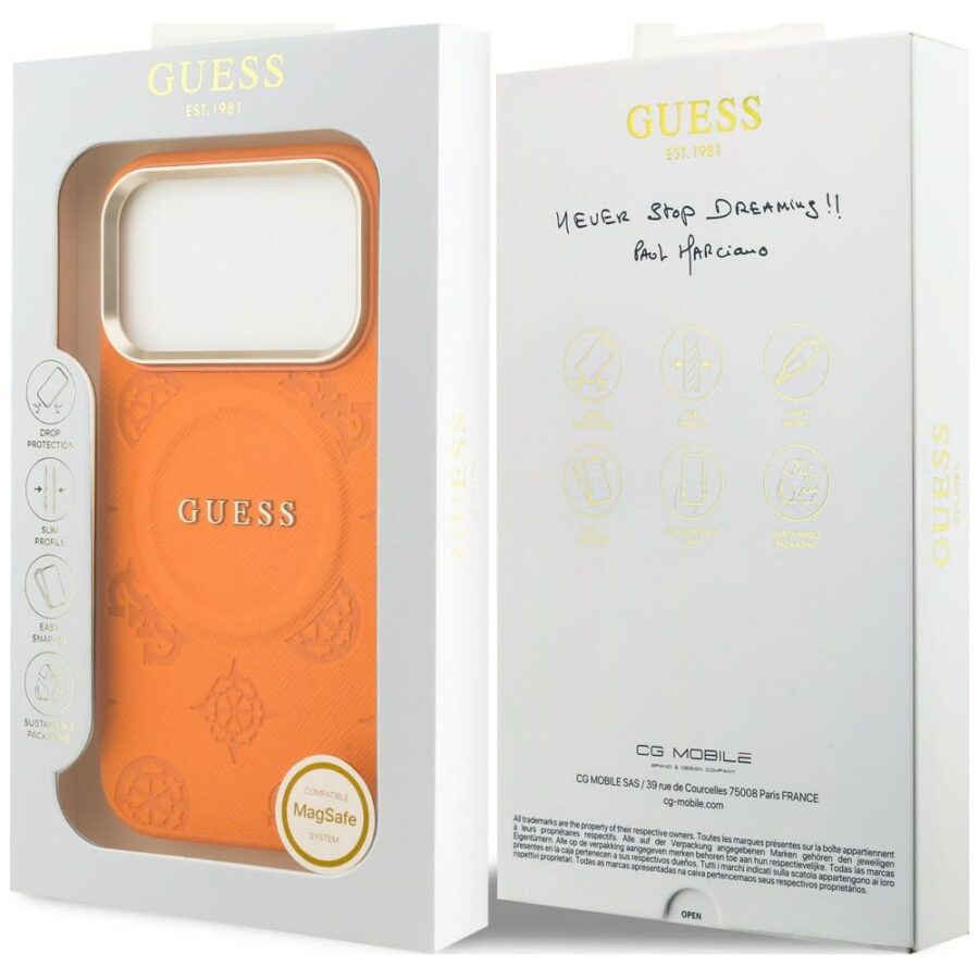 Etui Guess Peony Hot Stamp MagSafe do iPhone 18 Pro Max / 17 Pro Max pomarańczowy