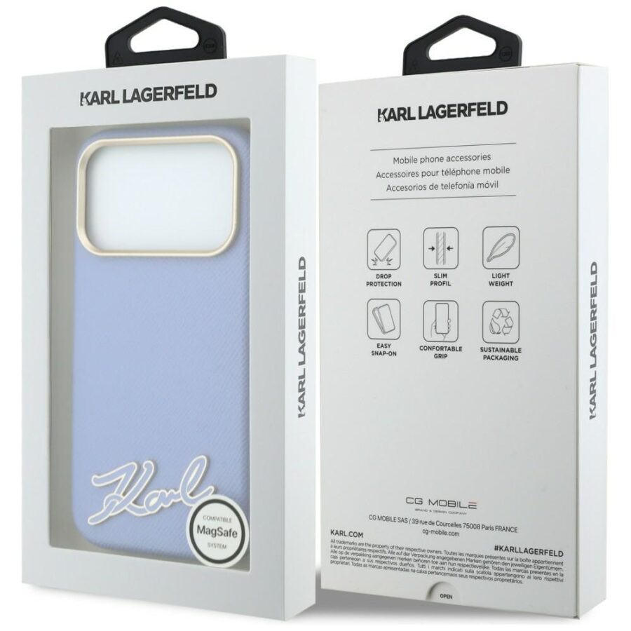 Etui Karl Lagerfeld Grained with Resin Signature Logo MagSafe do iPhone 18 Pro Max / 17 Pro Max jasnoniebieski