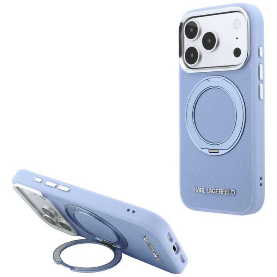 Etui Karl Lagerfeld Ring Stand 360 Saffiano Classic Logo MagSafe do iPhone 18 Pro / 17 Pro jasnoniebieski