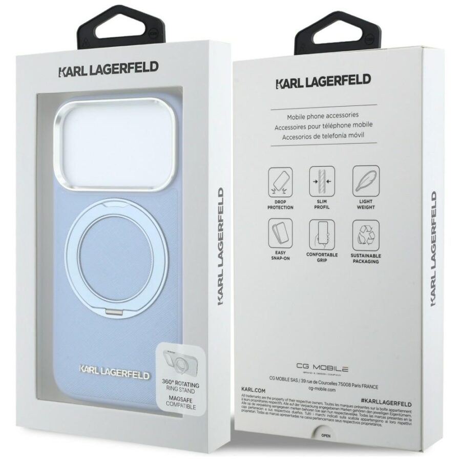 Etui Karl Lagerfeld Ring Stand 360 Saffiano Classic Logo MagSafe do iPhone 18 Pro / 17 Pro jasnoniebieski