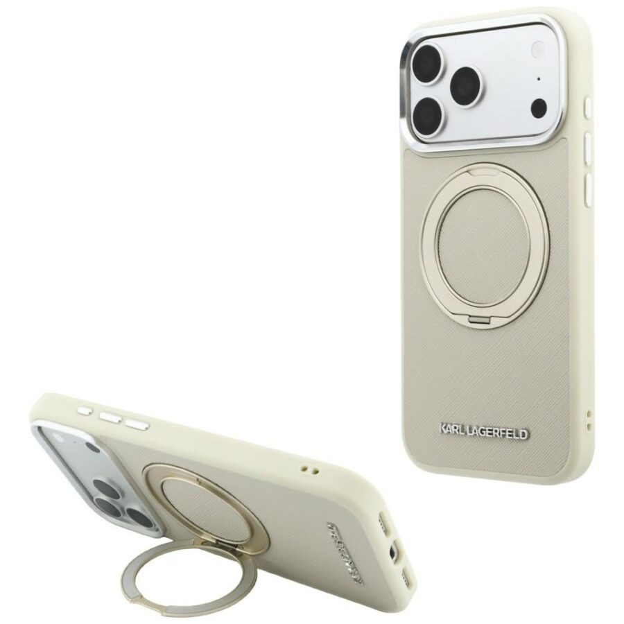 Etui Karl Lagerfeld Ring Stand 360 Saffiano Classic Logo MagSafe do iPhone 18 Pro Max / 17 Pro Max beżowy