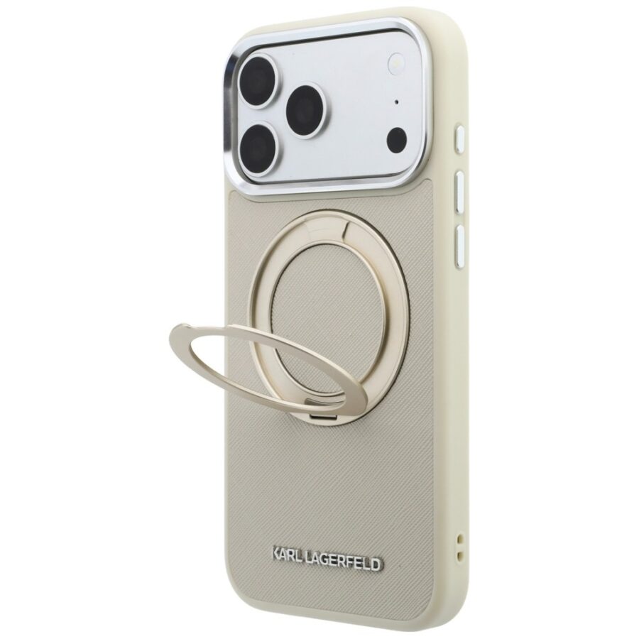Etui Karl Lagerfeld Ring Stand 360 Saffiano Classic Logo MagSafe do iPhone 18 Pro Max / 17 Pro Max beżowy