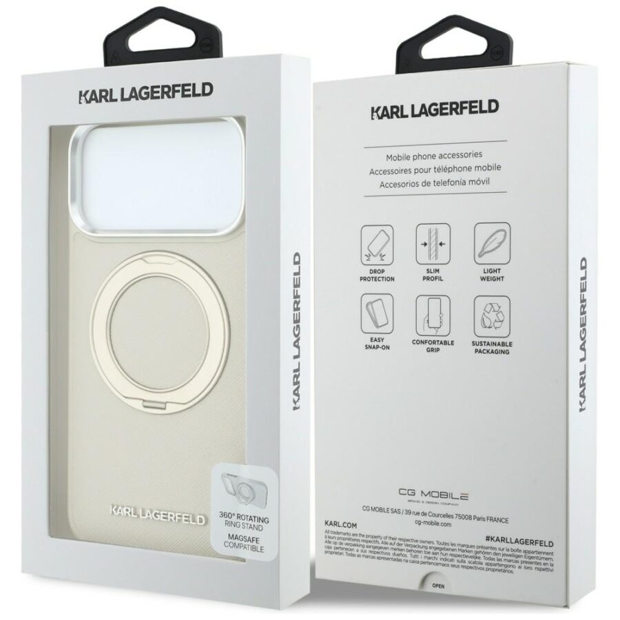 Etui Karl Lagerfeld Ring Stand 360 Saffiano Classic Logo MagSafe do iPhone 18 Pro Max / 17 Pro Max beżowy