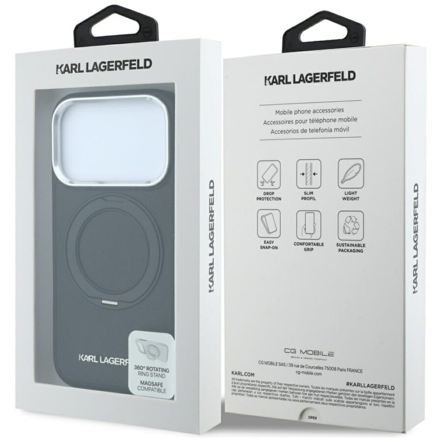 Etui Karl Lagerfeld Ring Stand 360 Saffiano Classic Logo MagSafe do iPhone 18 Pro / 17 Pro czarny
