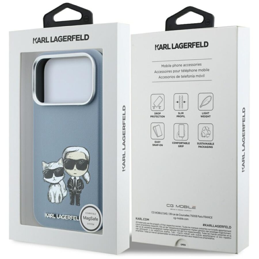 Etui Karl Lagerfeld Smooth Karl & Choupette Bodies Sketch MagSafe do iPhone 18 Pro / 17 Pro jasnoniebieski