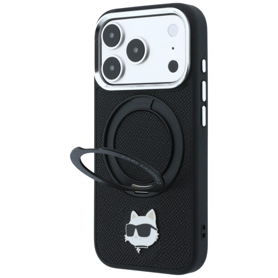 Etui Karl Lagerfeld with Ring Stand 360 Choupette Head Pin MagSafe do iPhone 18 Pro / 17 Pro czarny