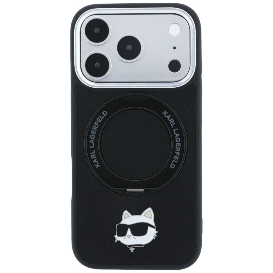 Etui Karl Lagerfeld with Ring Stand 360 Choupette Head Pin MagSafe do iPhone 18 Pro / 17 Pro czarny