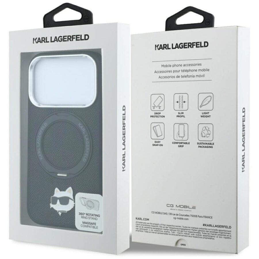Etui Karl Lagerfeld with Ring Stand 360 Choupette Head Pin MagSafe do iPhone 18 Pro / 17 Pro czarny