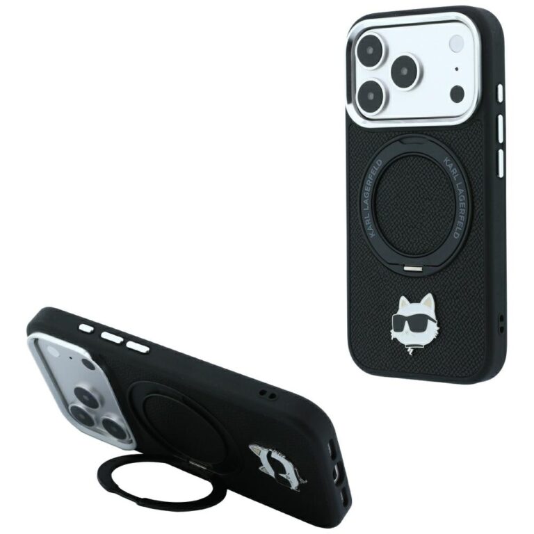 Etui Karl Lagerfeld with Ring Stand 360 Choupette Head Pin MagSafe do iPhone 18 Pro Max / 17 Pro Max czarny