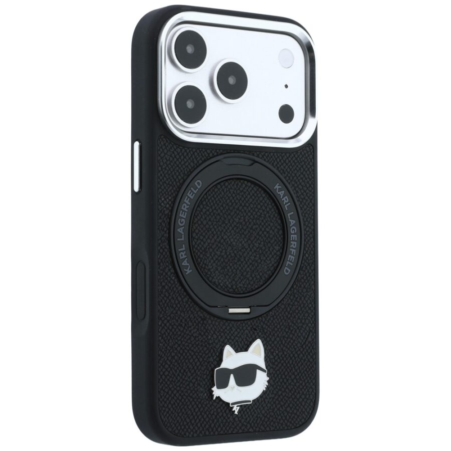 Etui Karl Lagerfeld with Ring Stand 360 Choupette Head Pin MagSafe do iPhone 18 Pro Max / 17 Pro Max czarny