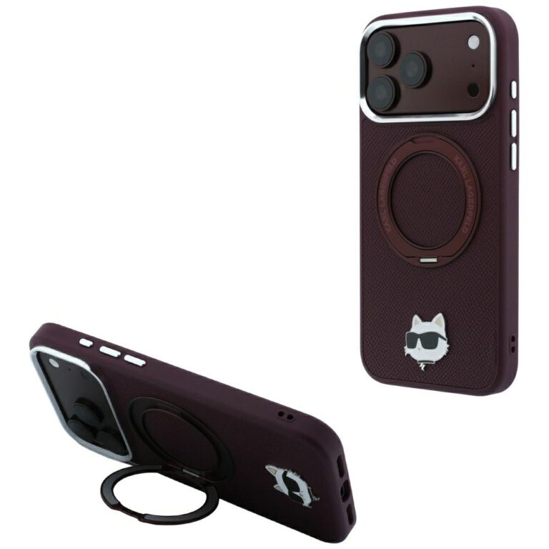 Etui Karl Lagerfeld with Ring Stand 360 Choupette Head Pin MagSafe do iPhone 18 Pro Max / 17 Pro Max burgundowy