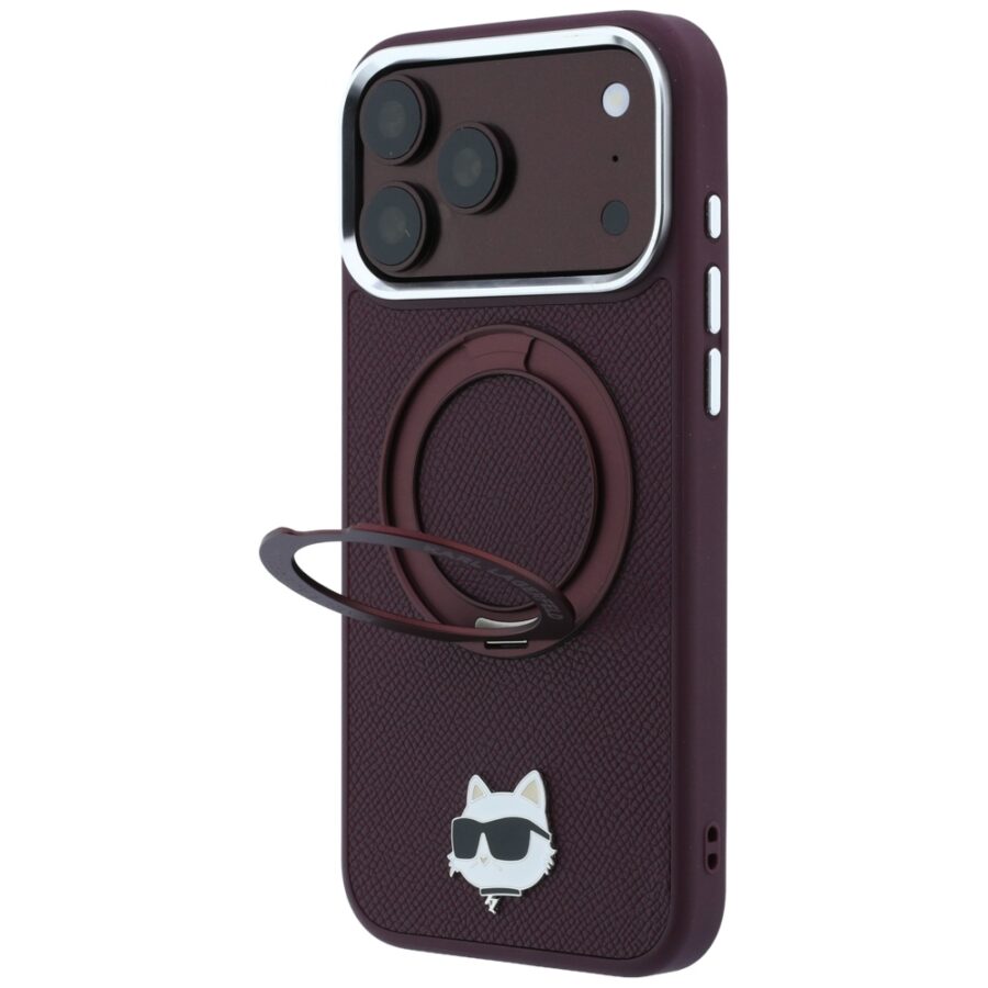 Etui Karl Lagerfeld with Ring Stand 360 Choupette Head Pin MagSafe do iPhone 18 Pro Max / 17 Pro Max burgundowy