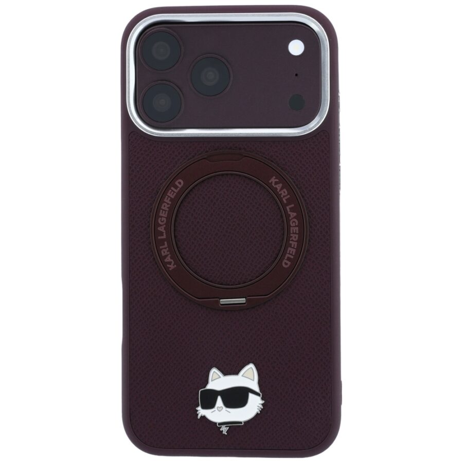 Etui Karl Lagerfeld with Ring Stand 360 Choupette Head Pin MagSafe do iPhone 18 Pro Max / 17 Pro Max burgundowy