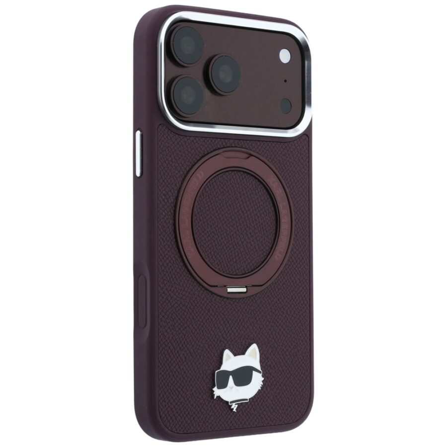 Etui Karl Lagerfeld with Ring Stand 360 Choupette Head Pin MagSafe do iPhone 18 Pro Max / 17 Pro Max burgundowy