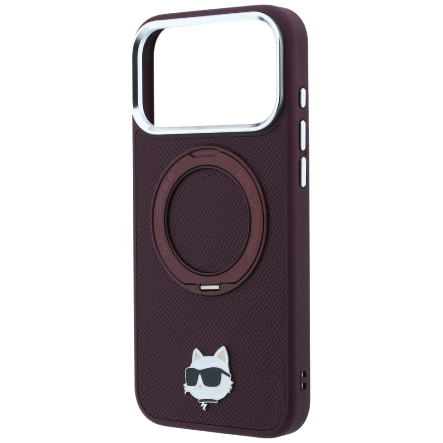 Etui Karl Lagerfeld with Ring Stand 360 Choupette Head Pin MagSafe do iPhone 18 Pro Max / 17 Pro Max burgundowy