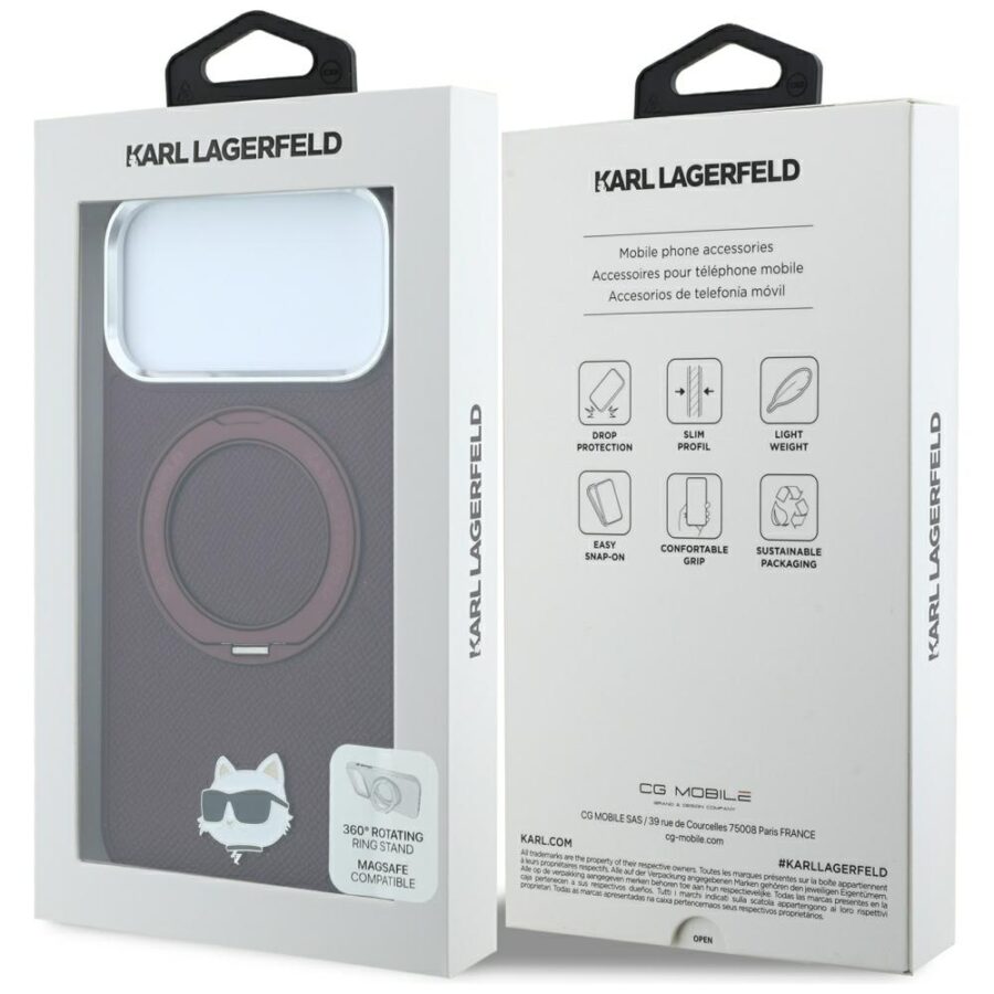 Etui Karl Lagerfeld with Ring Stand 360 Choupette Head Pin MagSafe do iPhone 18 Pro Max / 17 Pro Max burgundowy