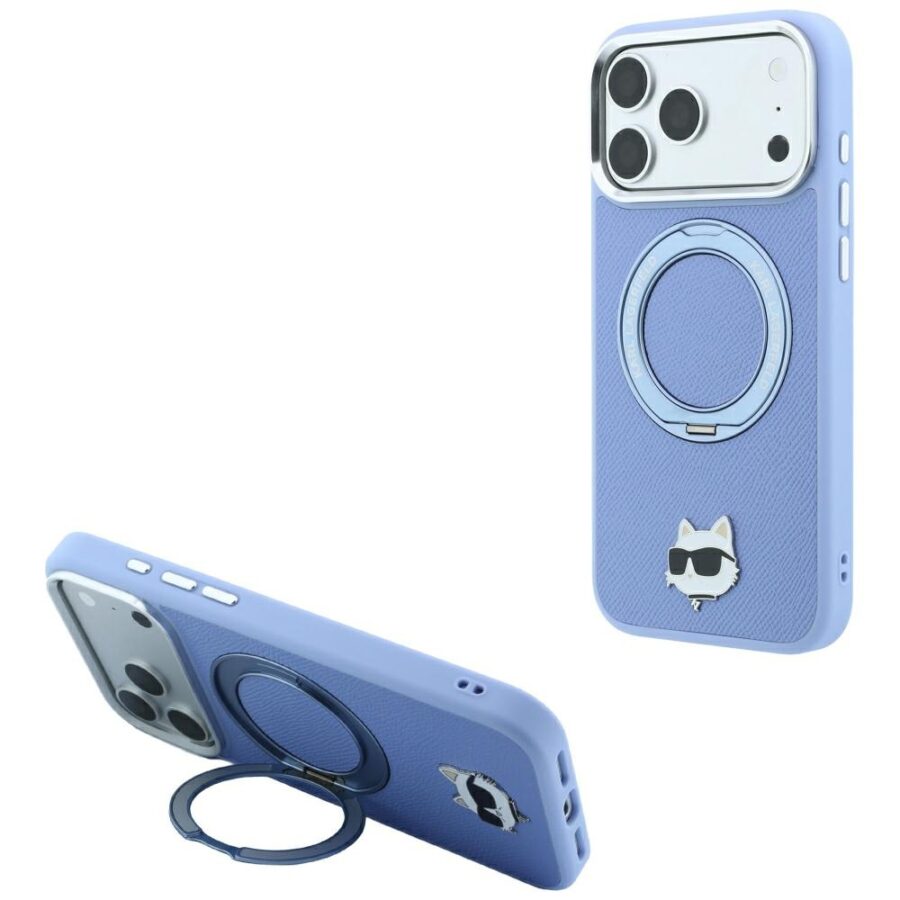 Etui Karl Lagerfeld with Ring Stand 360 Choupette Head Pin MagSafe do iPhone 18 Pro / 17 Pro jasnoniebieski