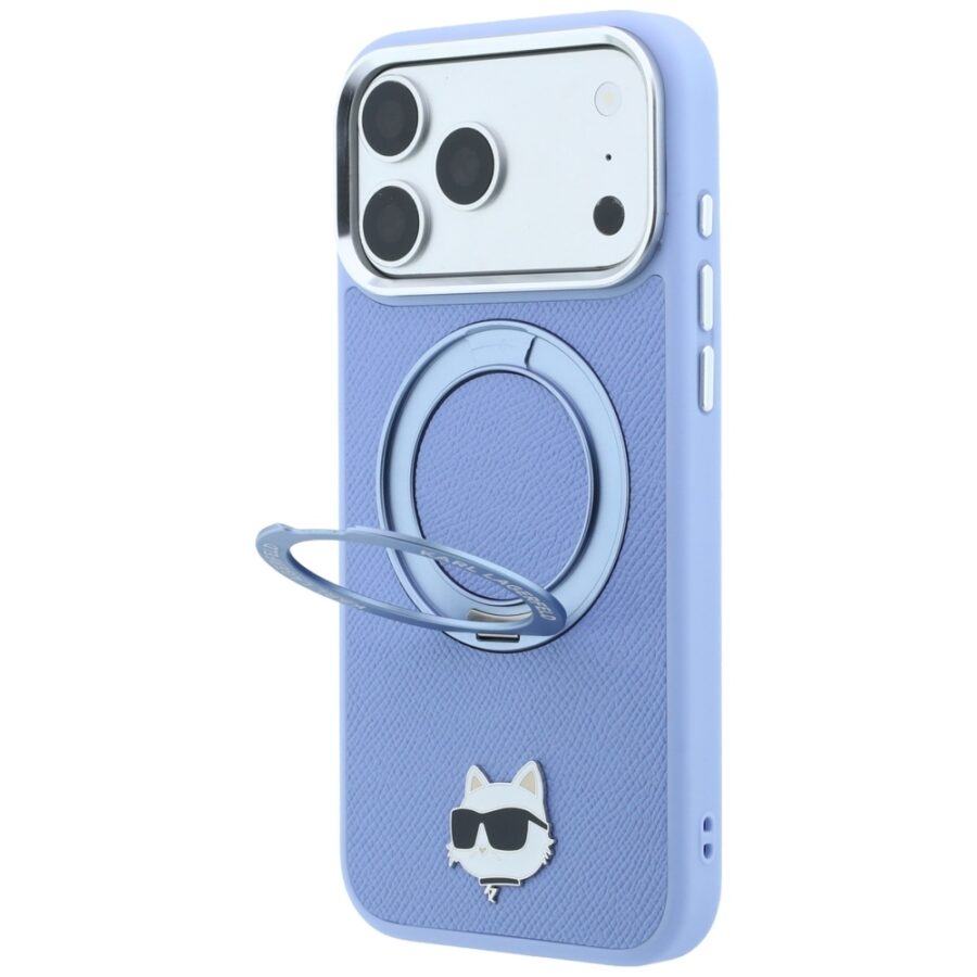 Etui Karl Lagerfeld with Ring Stand 360 Choupette Head Pin MagSafe do iPhone 18 Pro / 17 Pro jasnoniebieski