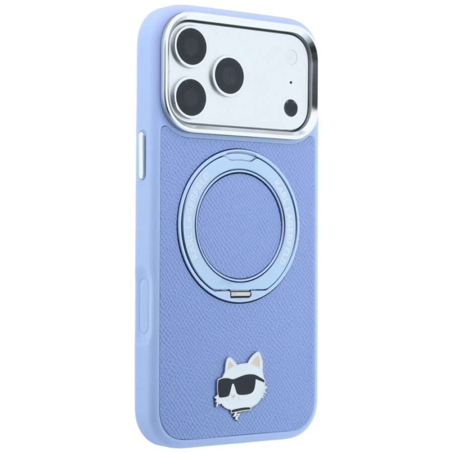 Etui Karl Lagerfeld with Ring Stand 360 Choupette Head Pin MagSafe do iPhone 18 Pro / 17 Pro jasnoniebieski