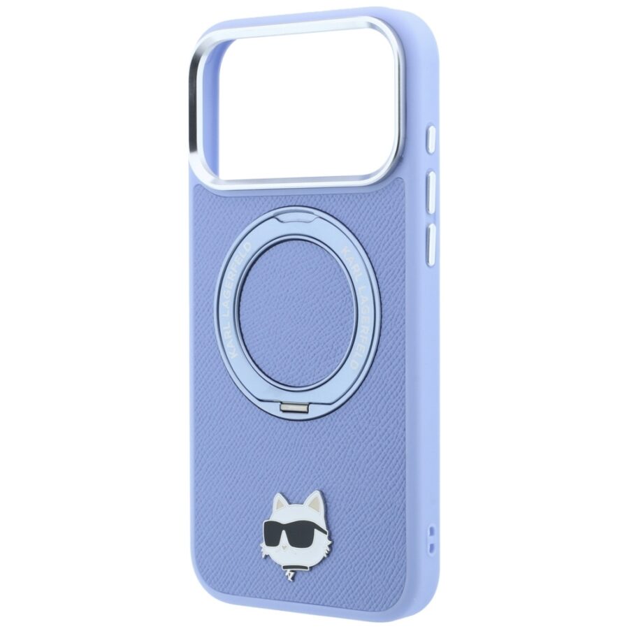 Etui Karl Lagerfeld with Ring Stand 360 Choupette Head Pin MagSafe do iPhone 18 Pro / 17 Pro jasnoniebieski