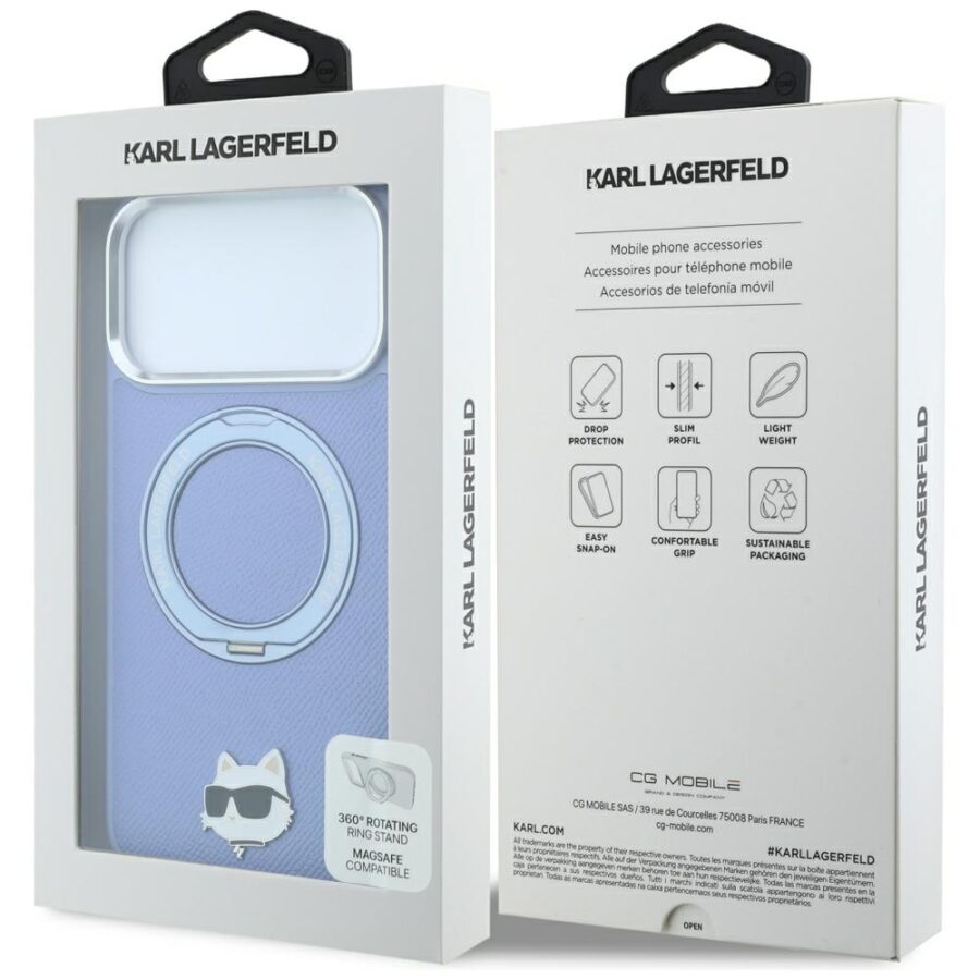 Etui Karl Lagerfeld with Ring Stand 360 Choupette Head Pin MagSafe do iPhone 18 Pro / 17 Pro jasnoniebieski