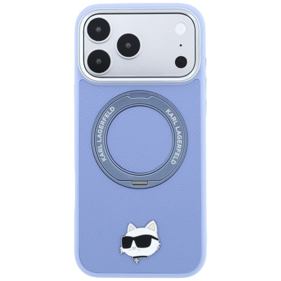Etui Karl Lagerfeld with Ring Stand 360 Choupette Head Pin MagSafe do iPhone 18 Pro Max / 17 Pro Max jasnoniebieski