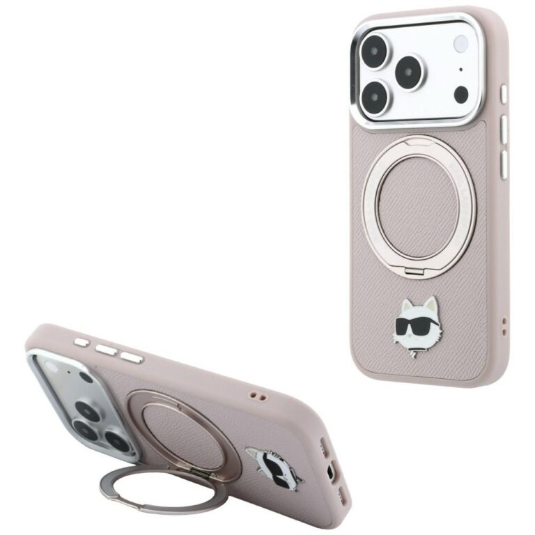 Etui Karl Lagerfeld with Ring Stand 360 Choupette Head Pin MagSafe do iPhone 18 Pro / 17 Pro różowy