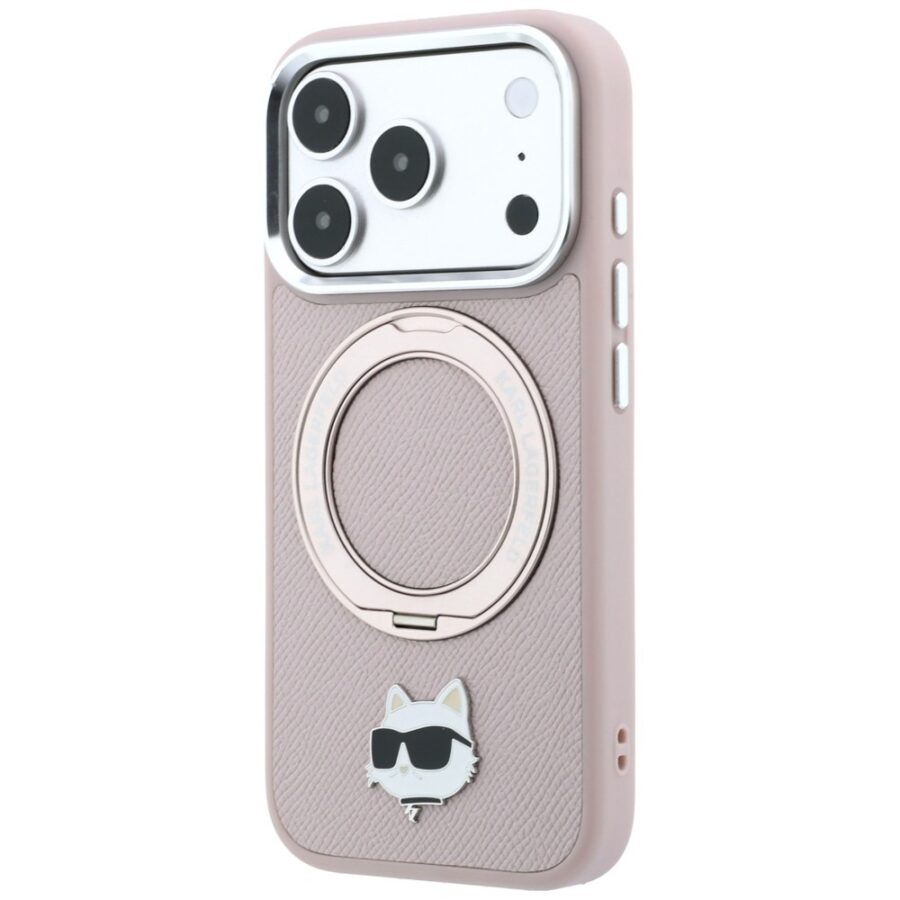 Etui Karl Lagerfeld with Ring Stand 360 Choupette Head Pin MagSafe do iPhone 18 Pro / 17 Pro różowy