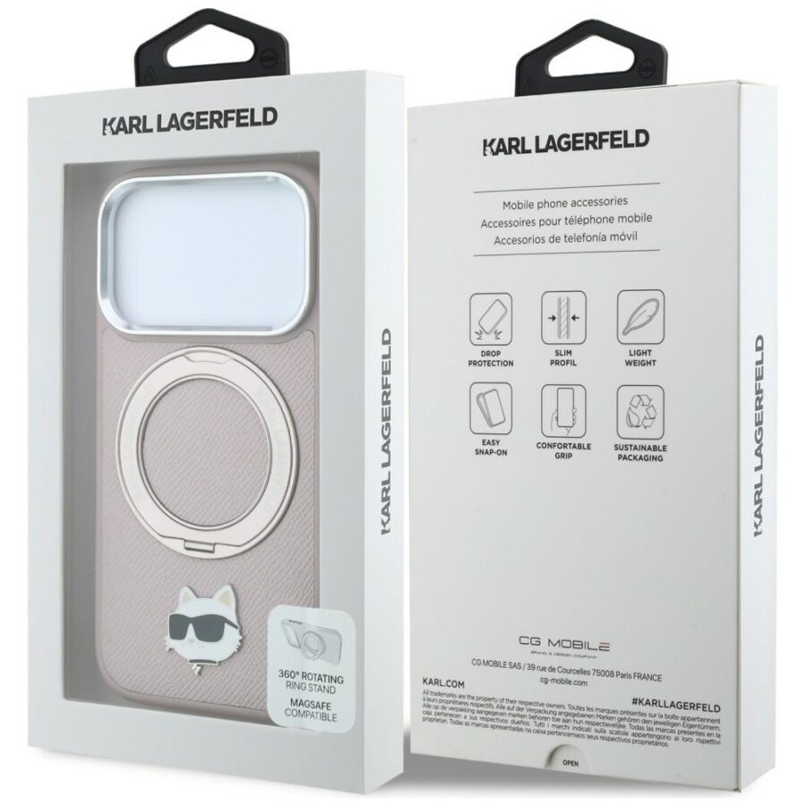 Etui Karl Lagerfeld with Ring Stand 360 Choupette Head Pin MagSafe do iPhone 18 Pro / 17 Pro różowy