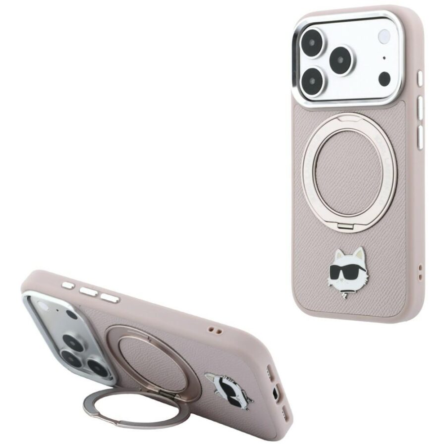 Etui Karl Lagerfeld with Ring Stand 360 Choupette Head Pin MagSafe do iPhone 18 Pro Max / 17 Pro Max różowy