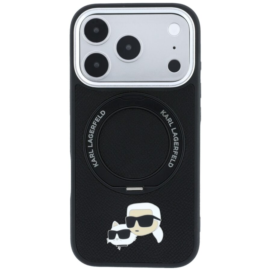 Etui Karl Lagerfeld with Ring Stand 360 Karl & Choupette Heads Pin MagSafe do iPhone 18 Pro / 17 Pro czarny