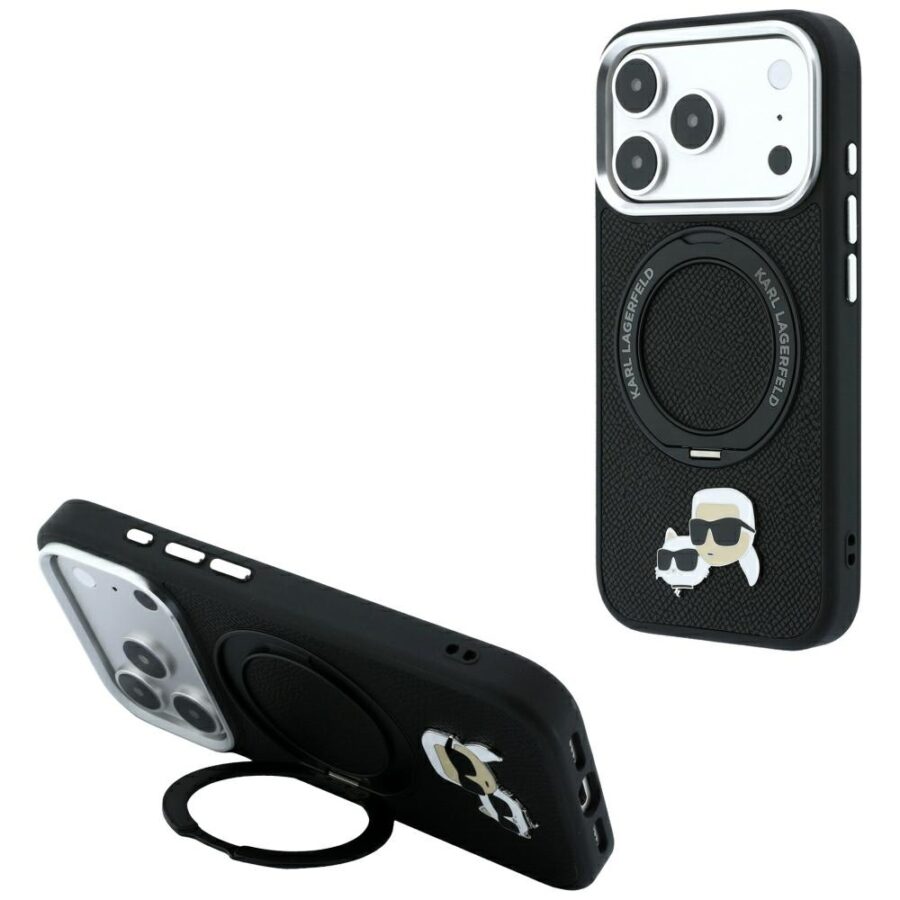 Etui Karl Lagerfeld with Ring Stand 360 Karl & Choupette Heads Pin MagSafe do iPhone 18 Pro Max / 17 Pro Max czarny