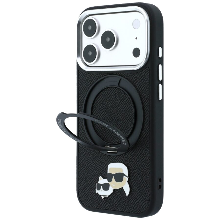 Etui Karl Lagerfeld with Ring Stand 360 Karl & Choupette Heads Pin MagSafe do iPhone 18 Pro Max / 17 Pro Max czarny