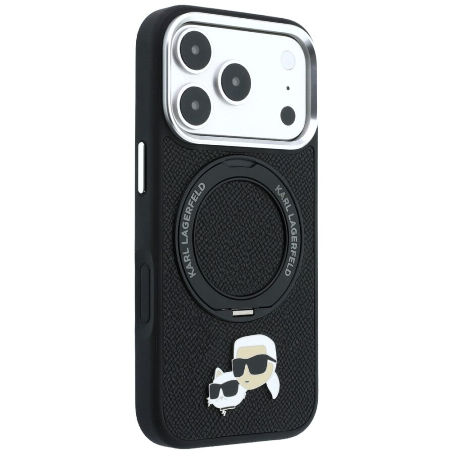 Etui Karl Lagerfeld with Ring Stand 360 Karl & Choupette Heads Pin MagSafe do iPhone 18 Pro Max / 17 Pro Max czarny