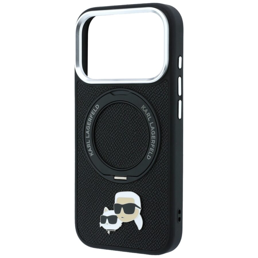 Etui Karl Lagerfeld with Ring Stand 360 Karl & Choupette Heads Pin MagSafe do iPhone 18 Pro Max / 17 Pro Max czarny