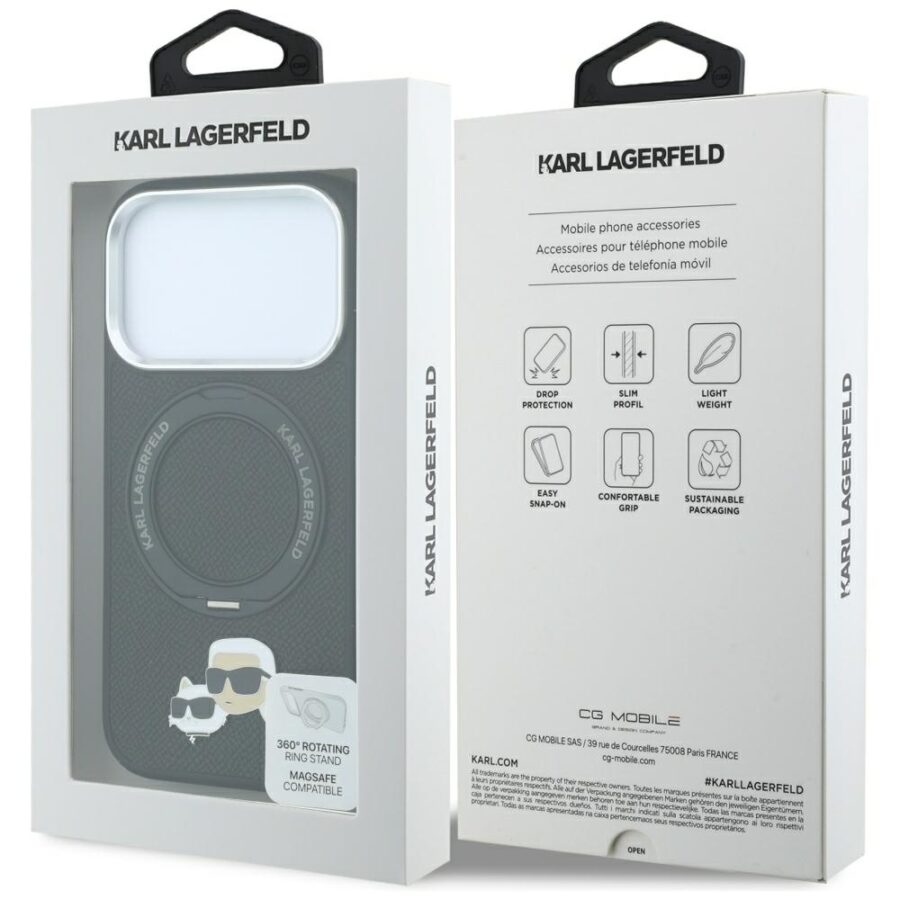Etui Karl Lagerfeld with Ring Stand 360 Karl & Choupette Heads Pin MagSafe do iPhone 18 Pro Max / 17 Pro Max czarny