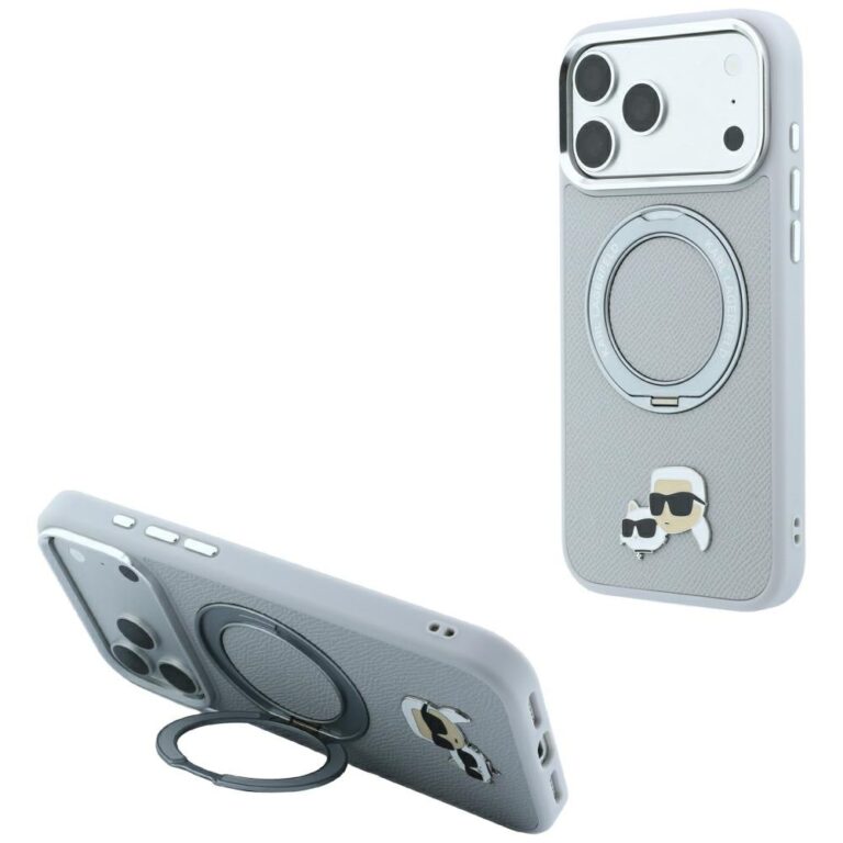 Etui Karl Lagerfeld with Ring Stand 360 Karl & Choupette Heads Pin MagSafe do iPhone 18 Pro / 17 Pro szary