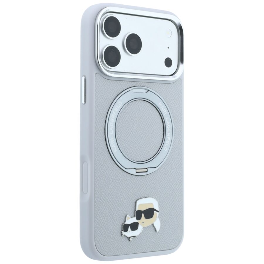 Etui Karl Lagerfeld with Ring Stand 360 Karl & Choupette Heads Pin MagSafe do iPhone 18 Pro / 17 Pro szary