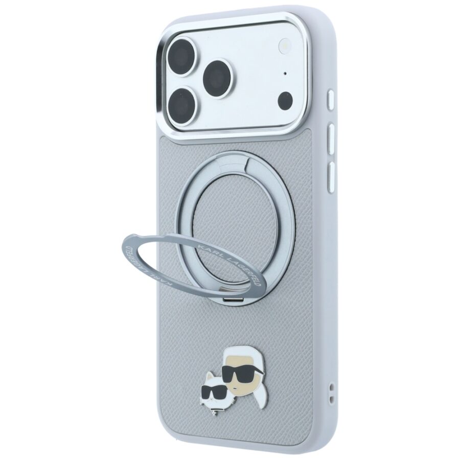 Etui Karl Lagerfeld with Ring Stand 360 Karl & Choupette Heads Pin MagSafe do iPhone 18 Pro Max / 17 Pro Max szary