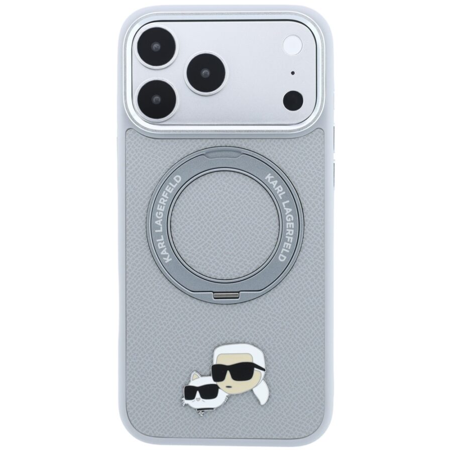 Etui Karl Lagerfeld with Ring Stand 360 Karl & Choupette Heads Pin MagSafe do iPhone 18 Pro Max / 17 Pro Max szary
