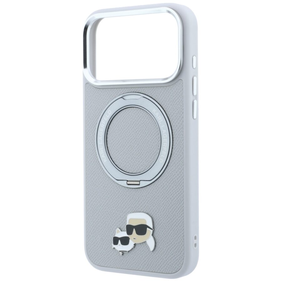 Etui Karl Lagerfeld with Ring Stand 360 Karl & Choupette Heads Pin MagSafe do iPhone 18 Pro Max / 17 Pro Max szary