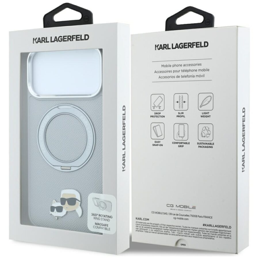 Etui Karl Lagerfeld with Ring Stand 360 Karl & Choupette Heads Pin MagSafe do iPhone 18 Pro Max / 17 Pro Max szary