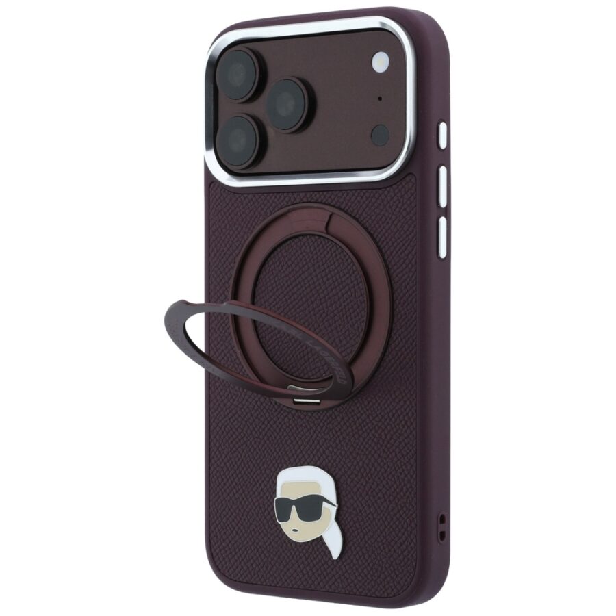 Etui Karl Lagerfeld with Ring Stand 360 Karl Head Pin MagSafe do iPhone 18 Pro Max / 17 Pro Max burgundowy