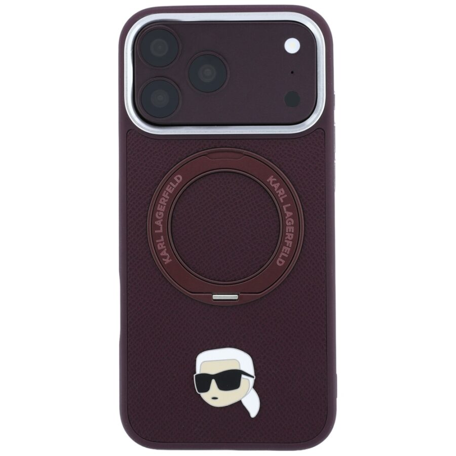 Etui Karl Lagerfeld with Ring Stand 360 Karl Head Pin MagSafe do iPhone 18 Pro Max / 17 Pro Max burgundowy
