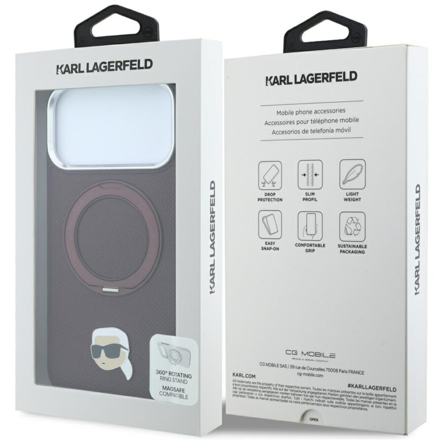 Etui Karl Lagerfeld with Ring Stand 360 Karl Head Pin MagSafe do iPhone 18 Pro Max / 17 Pro Max burgundowy