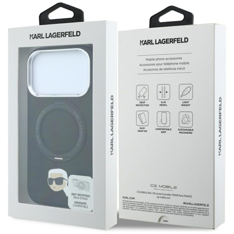 Etui Karl Lagerfeld with Ring Stand 360 Karl Head Pin MagSafe do iPhone 18 Pro Max / 17 Pro Max czarny
