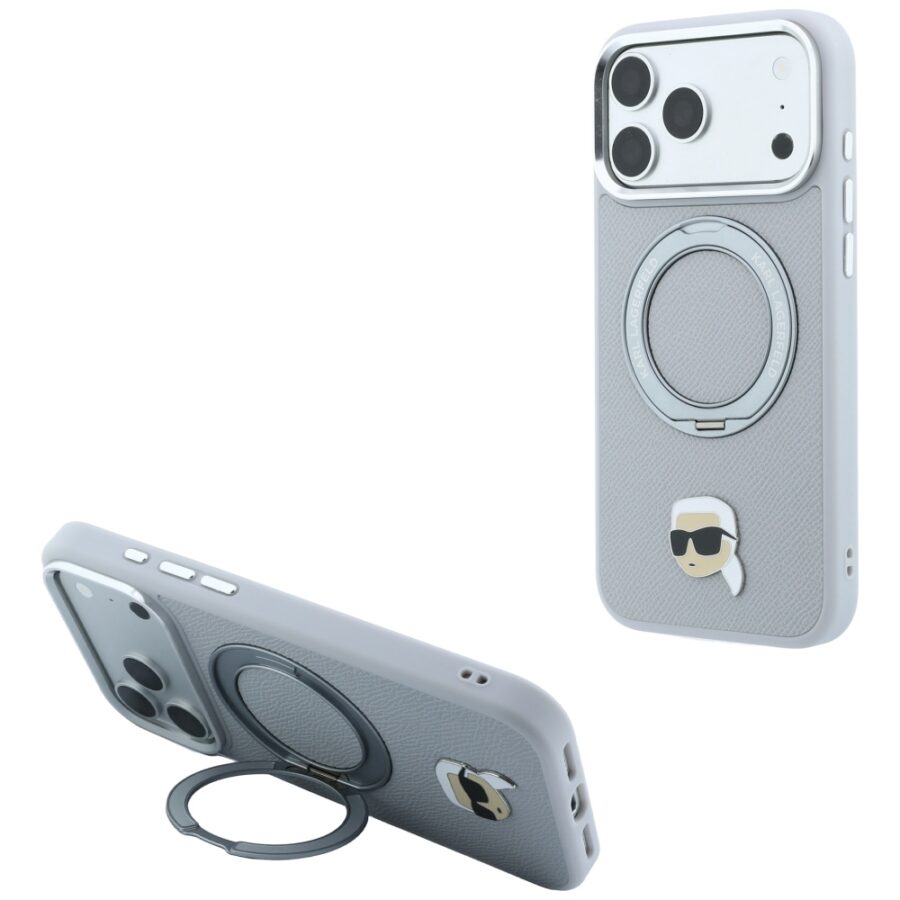 Etui Karl Lagerfeld with Ring Stand 360 Karl Head Pin MagSafe do iPhone 18 Pro / 17 Pro szary